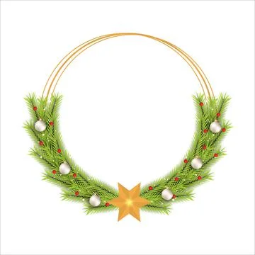 Christmas frame with green pine leaves and white decoration ball. Xmas frame  Stock Illustration
