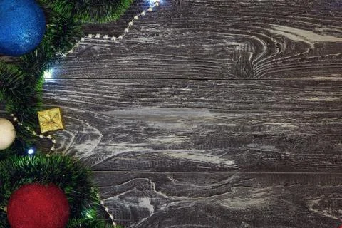 Christmas frame at left. Flat lay. New year card gift. Balls, presents, snowb Stock Photos
