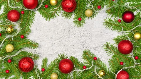 Christmas frame made of branches decorated with ornaments. Stop motion 스톡 동영상 163216855