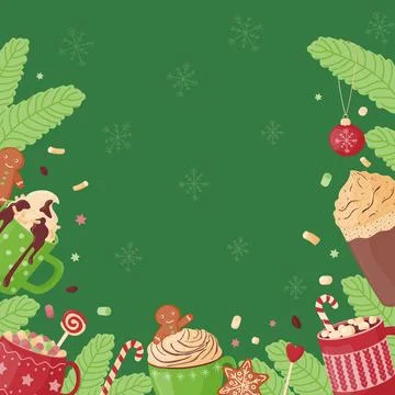 Christmas frame made of hot drinks, sweets, gingerbread. Stock Illustration