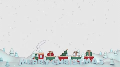 Christmas frame with moving cartoon train with gifts and Christmas tree on alpha Stock Footage 295499345