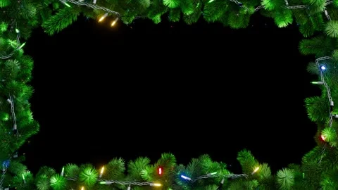 Christmas frame or new year frame with fir or pine leaves, light bulbs blinking Stock Footage 321591467