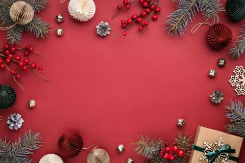 Christmas frame on red background. Stock Photos