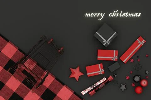 Christmas frame. Red, red and black christmas decoration and cart on black ba Stock Illustration
