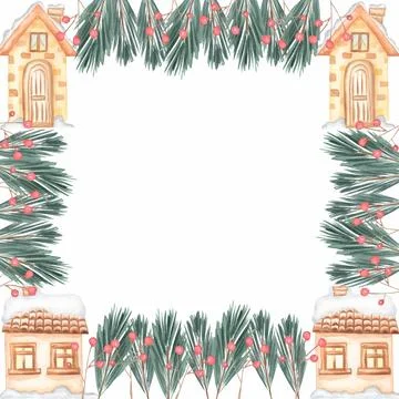 Christmas frame set design composition of  fir branchesand houses Cover, in.. Stock Illustration