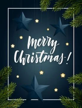 Christmas frame with spruce branches, decorative stars, light bulbs and hand 库存插图