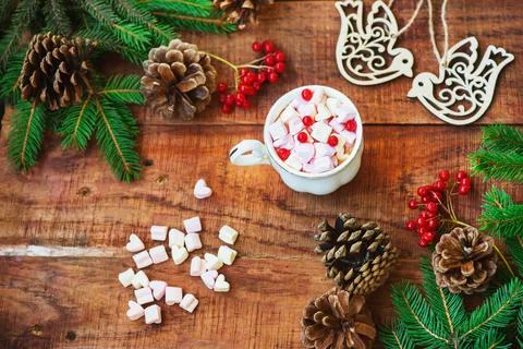 Christmas frame. Spruce branches, red berries, bird figures, gift and cup wit Stock Photos