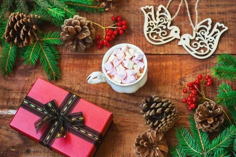 Christmas frame. Spruce branches, red berries, bird figures, gift and cup wit Stock Photos