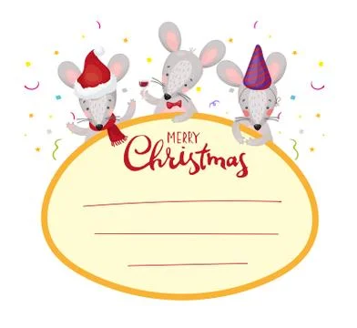 Christmas frame for text. Label, tag, window with cute mice. Sticker with rats Illustrazione stock