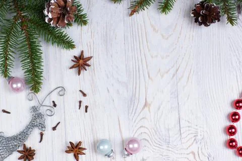 Christmas frame for text or image with a deer, Christmas-tree decorations and Stock Photos