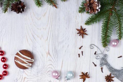 Christmas frame for text or image with a deer, Christmas-tree decorations, ch Stock Photos