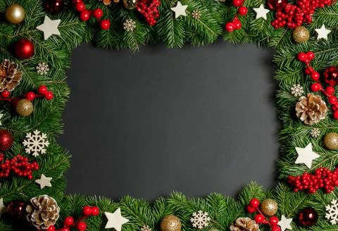 Christmas frame of tree branches Stock Photos