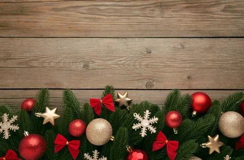 Christmas frame - tree branches with red and gold baubles, stars, snowflakes  Stock Photos
