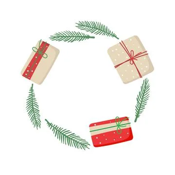 Christmas frame, wreath with gift boxes and spruce twigs. Christmas decorative Stock Illustration