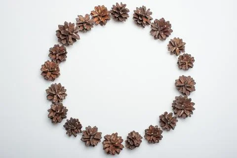 Christmas framework with Christmas tree cones against the white background.ne Stock Photos
