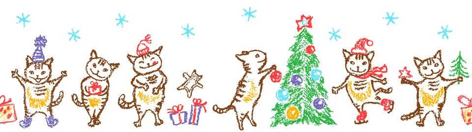 Christmas funny cat seamless pattern border. Like child hand drawing. Stock Illustration