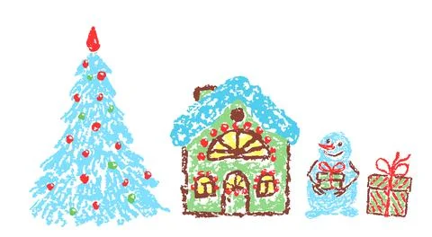 Christmas funny space area. Crayon, pastel chalk like kids hand drawing Stock Illustration
