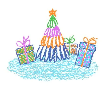 Christmas funny space area. Tree with holiday gift present box. Crayon. Stock Illustration