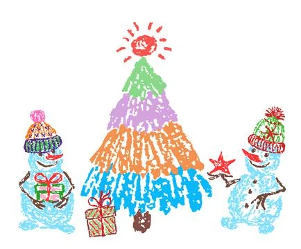Christmas funny space area with tree and cute snowman in hat. Crayon, chalk Stock Illustration