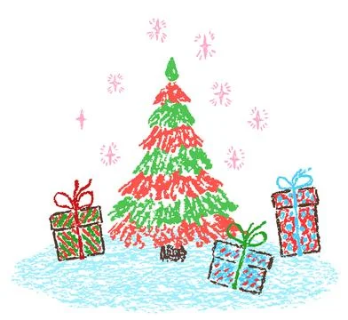 Christmas funny space area. Tree with holiday gift present box and sparks Stock Illustration