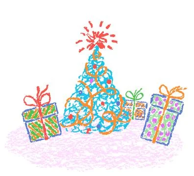 Christmas funny space area. Tree with holiday gift present box and sparks Stock Illustration