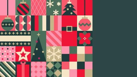 Christmas Geometric Patchwork Baubles Tree Snowflake Gift Copy Space Stock Illustration