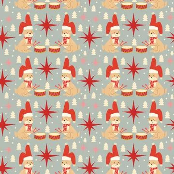 Christmas geometric pattern with forest animal in santa hat. Cute repeat desi 스톡 일러스트