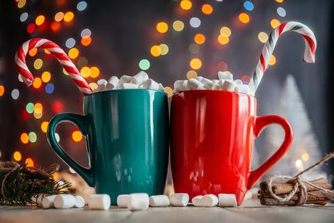 Christmas get together background with two cups of hot chocolate with Stock Photos
