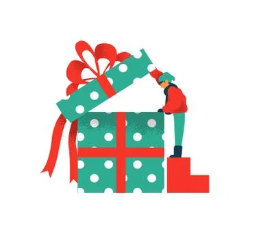 Christmas gift box concept of boy opening present Stock Illustration