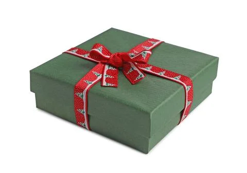 Christmas gift. Box decorated with patterned ribbon on white background Stock Photos