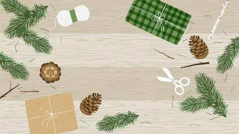 Christmas gift box empty wood background Stock Illustration