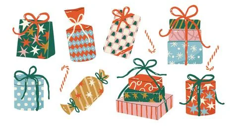 Christmas gift box set with present wrapped packages, candy canes, bows, star Stock-Illustration