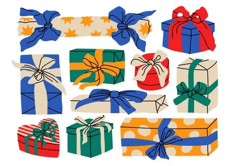 Christmas gift box, wrapped present box with ribbon set. Stock Illustration