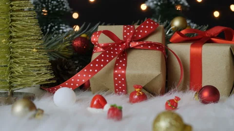 Christmas gift boxes and various Christmas decorations on wool Stock Footage 161310492