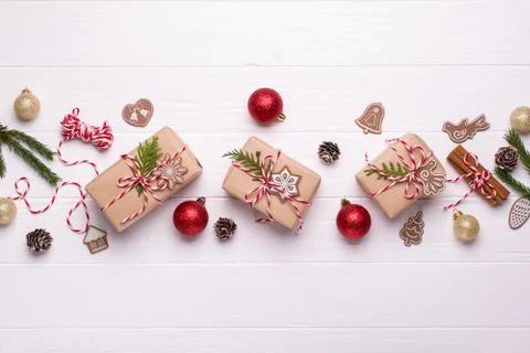 Christmas gift boxes collection with decorations and pine tree, for mock up Stock-Fotos