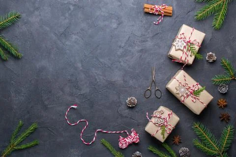 Christmas gift boxes collection with decorations and pine tree, for mock up Stock Photos