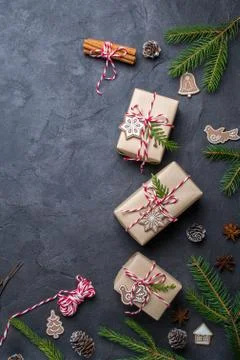 Christmas gift boxes collection with decorations and pine tree, for mock up Stock Photos