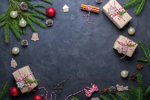 Christmas gift boxes collection with decorations and pine tree, for mock up Foto stock