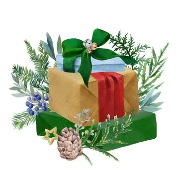 Christmas gift boxes composition with fir branches Stock Illustration