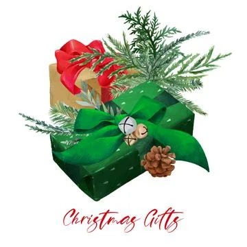 Christmas gift boxes composition with fir branches Stock Illustration