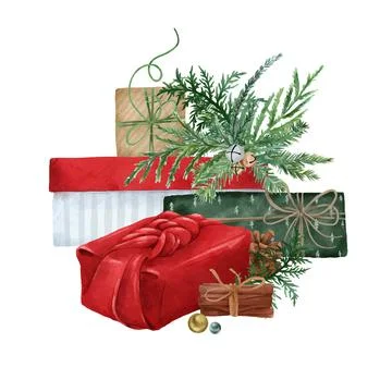Christmas gift boxes composition with fir branches Stock Illustration