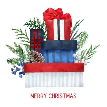 Christmas gift boxes composition with fir branches Stock Illustration