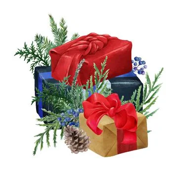 Christmas gift boxes composition with fir branches Stock Illustration