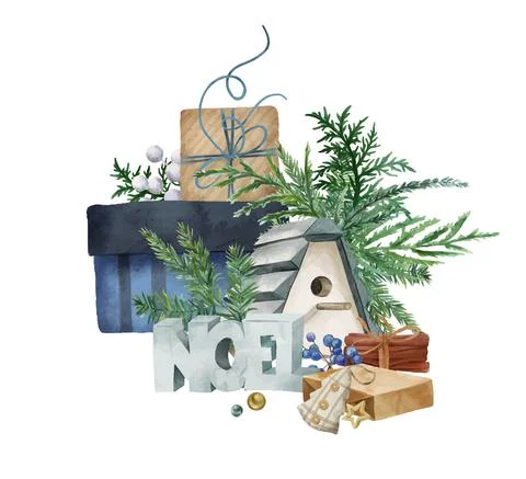 Christmas gift boxes composition with fir branches Stock Illustration