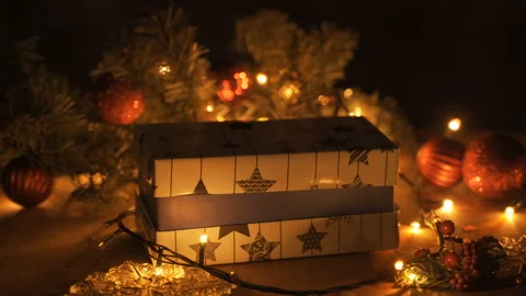 Christmas gift boxes decoration with tree and bokeh lights. Video stock 96293799