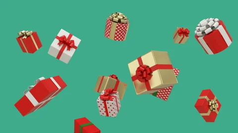 Christmas gift boxes floating and falling on green background. 3D animation. Stock Footage 139763822