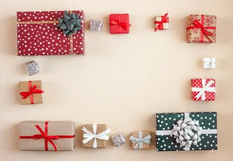 Christmas gift boxes make frame around copy space Stock Photos