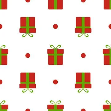 Christmas gift boxes pattern. Red xmas boxes with green bow and snow isolated Stock Illustration