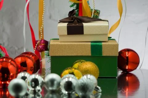 Christmas gift boxes with pine tree for layout pattern design. The view from  Stock Photos