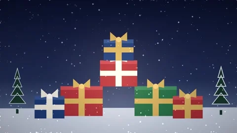 Christmas Gift Boxes Pyramid with Falling Snow 2D Animation Video stock 347809105